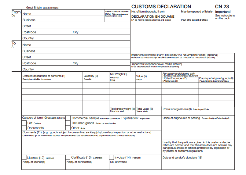 Customs Declaration form (CN23) Fill online form